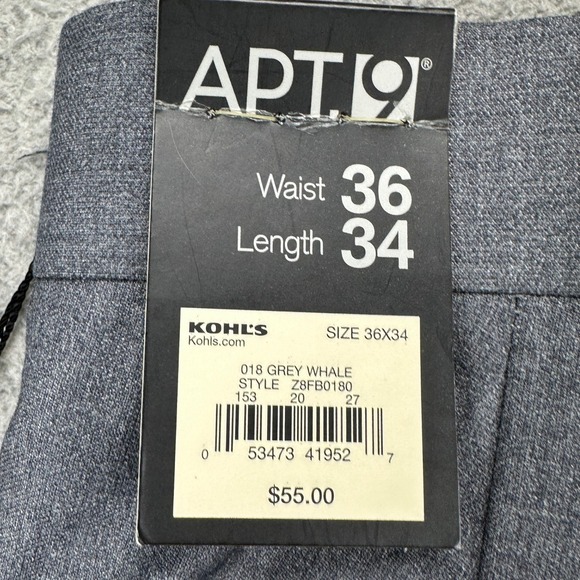 Apt. 9 Mens Dress Pants 36X34 Grey Whale Flat Front‎ Straight Fit Pockets NEW - Picture 7 of 13